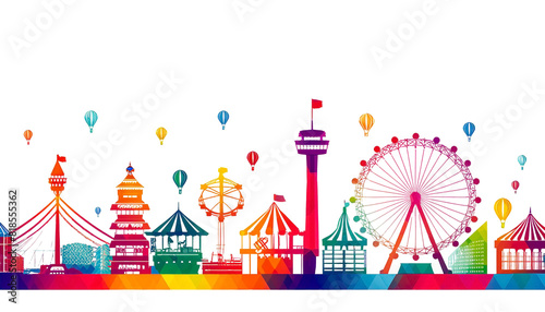 カラフルな遊園地のシルエットイラスト　白背景の切り抜き