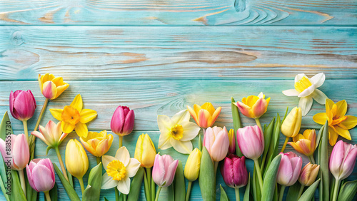 A flat lay arrangement of pastel-colored tulips and daffodils, creating a charming floral border with space for personalized messages or branding. #818555730