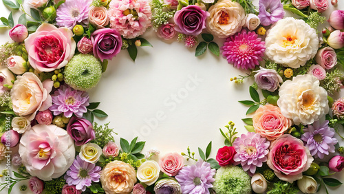 Exquisite flower composition forming a circular border, accentuating the central area perfect for personalized messages. © wasan