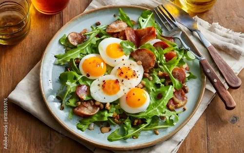 A stunning, high-resolution image of a classic Americana-inspired salad. The dish features fresh greens, crispy bacon, and sunny-side-up eggs