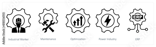 A set of 5 Industrial icons as industrial worker, maintenance, optimization