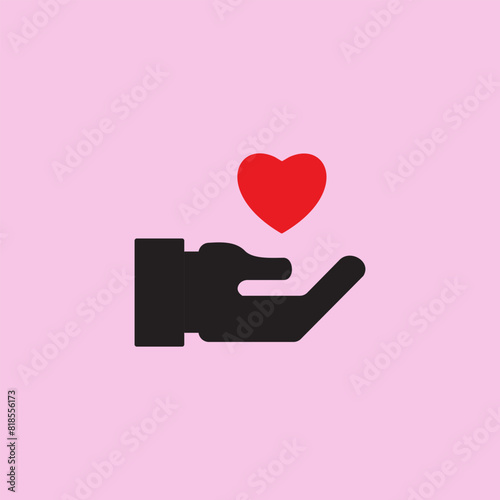 Hand holding heart icon isolated on pink background. Symbol of charity, care. Vector illustration