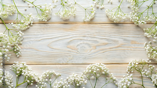 A close-up shot of a flat lay arrangement with a border of delicate baby's breath flowers, exuding elegance and charm.