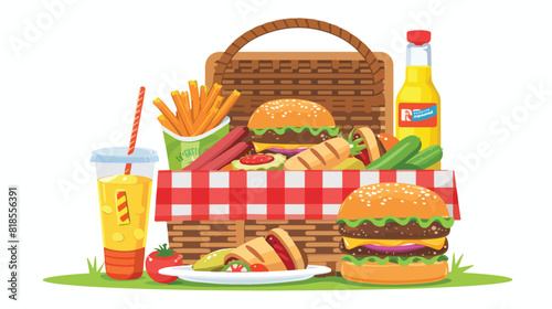 Composition of picnic basket with junk food and drink