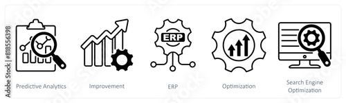 A set of 5 Industrial icons as predictive analytics, improvement, erp