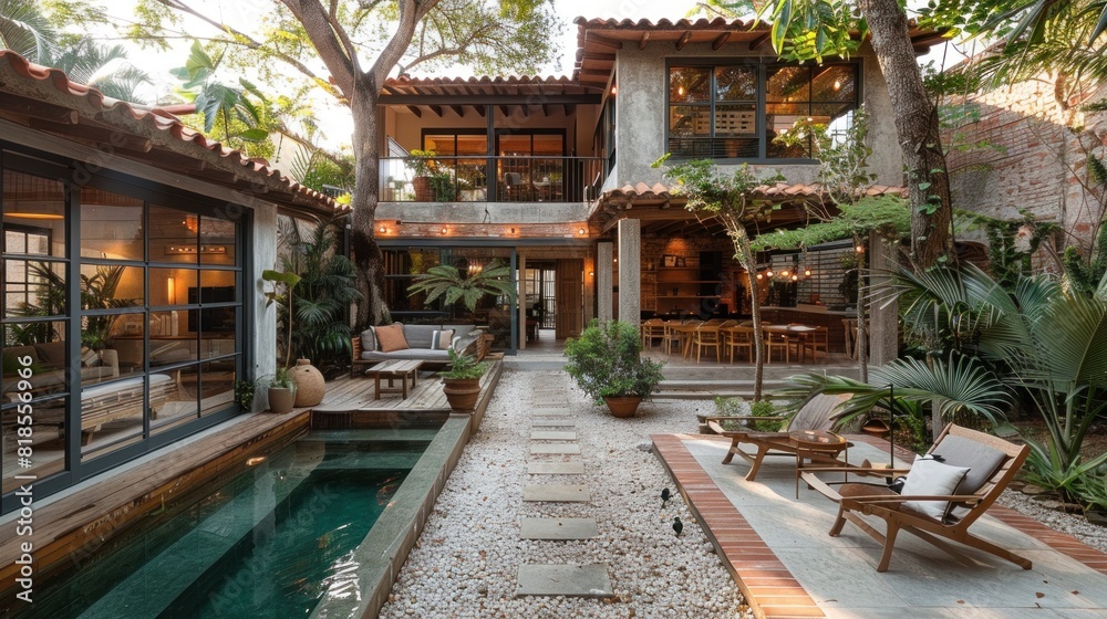 A clean, modern Mexican courtyard with minimal furnishings