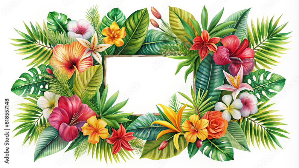 A stylish composition of tropical flowers forming a square frame, perfect for adding a touch of exotic flair to your designs.
