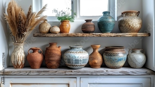 A few Mexican pottery pieces on a simple white shelf