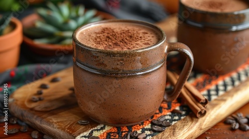 A simple clay mug filled with traditional Mexican hot chocolate photo