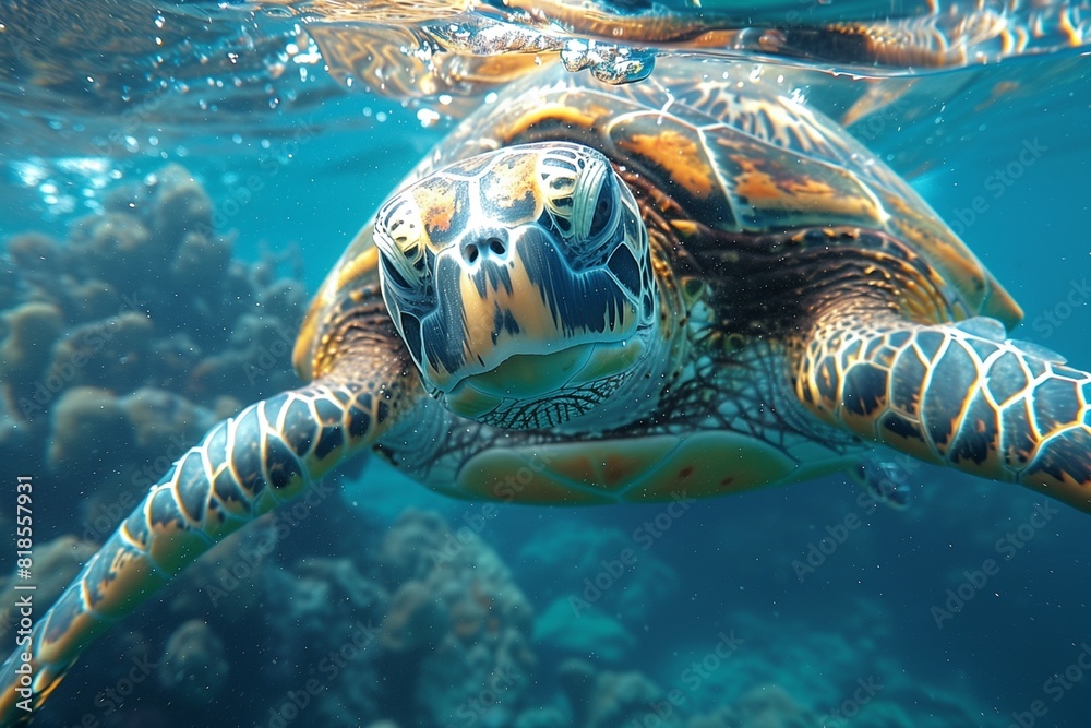 Fototapeta premium Closeup of a green sea turtle swimming underwater under the lights