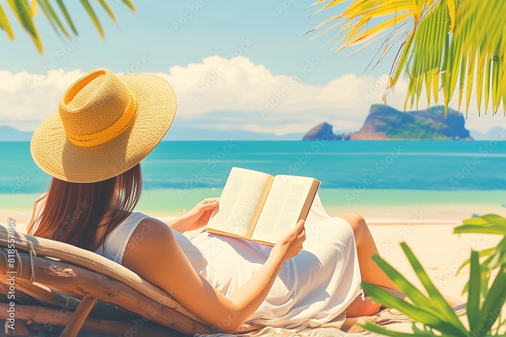 Woman reading book while relaxing at beach