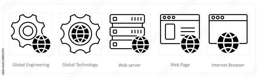 A set of 5 Seo icons as global engineering, global technology, web server