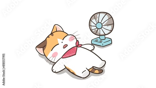 Summer Nap: Animated Cat with Fan - White Background