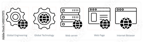 A set of 5 Seo icons as global engineering, global technology, web server