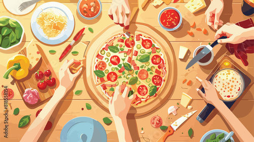 Cooking pizza together top view. Family hands cook