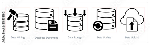A set of 5 Seo icons as data mining, database document, data storage