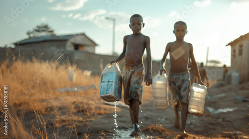 Two African black children carry cans of water across a dry, dusty field. Drought in African countries. The scene tells about the difficulties photo