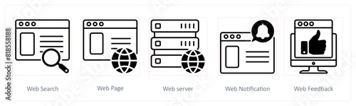 A set of 5 Seo icons as web search, web page, web server