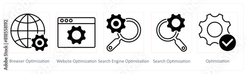 A set of 5 Seo icons as browser optimization, webiste optimization, search engine optimization photo