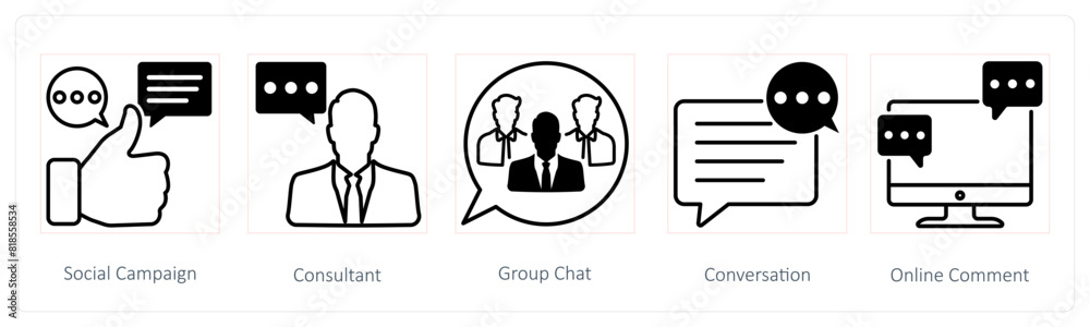 A set of 5 Seo icons as social campaign, consultant, group chat A set of 5 Seo icons as social campaign, consultant, group chat