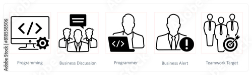 A set of 5 Seo icons as programming, business dicussion, programmer