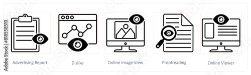 A set of 5 Seo icons as advertising report, dislike, online image view