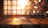 Empty wood table top in Japanese Room Decorate With Defocused Bokeh Lights And Flare Effect background