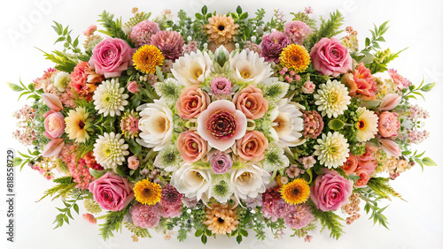 Various types of flowers arranged in a symmetrical pattern around a blank center  offering ample space for text