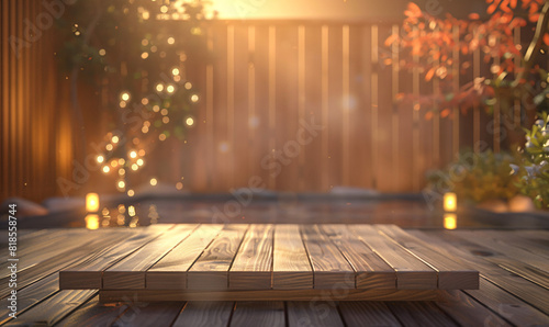 Empty wood table top in Japanese Room Decorate With Defocused Bokeh Lights And Flare Effect background