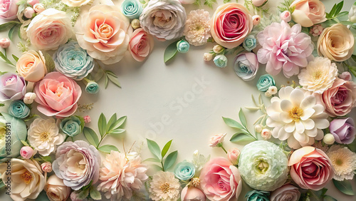 A close-up shot of a delicate floral frame made of pastel-colored flowers, perfect for adding a touch of elegance to any design project.