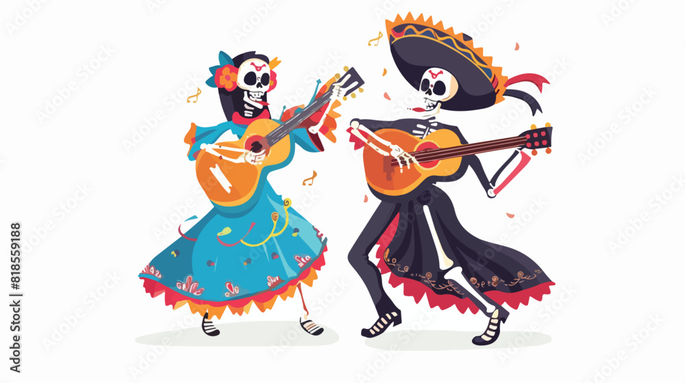 Couple of Mexican skeletons dance and play guitar 