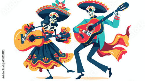 Couple of Mexican skeletons dance and play guitar 