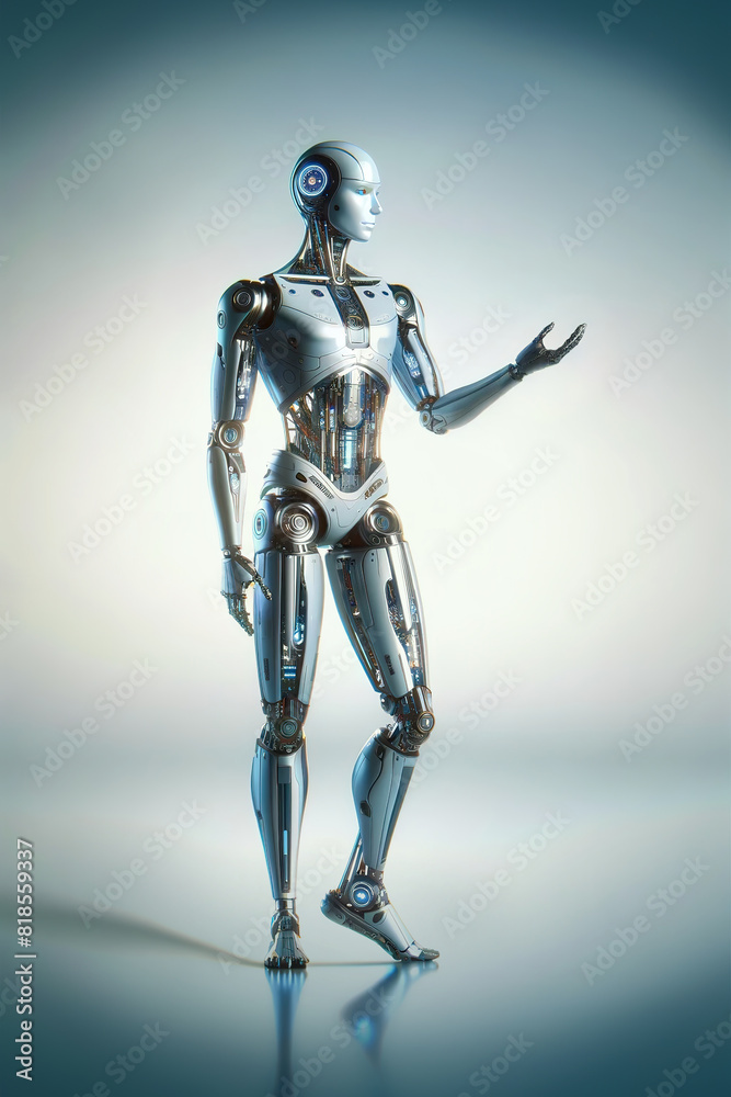 Android robot, pose 7.  Robot stands straight with a slightly bent leg and outstretched hand