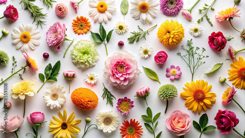 A top view of various flowers carefully arranged on a white background, creating a stunning flat lay with space for text. photo