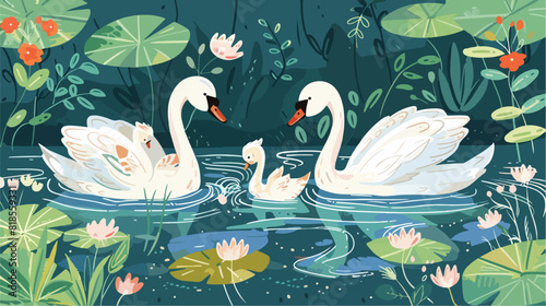 Couple of white swans and brood of cygnets floating t