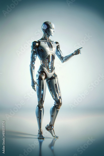 Android robot, pose 8. Robot stands straight with a slightly bent leg and an outstretched hand and index finger