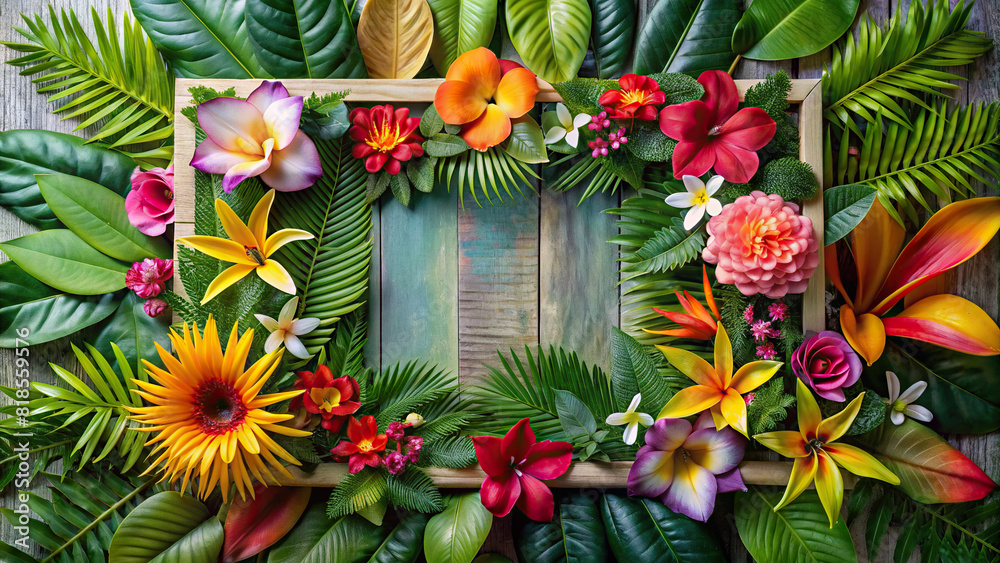 Top view of a variety of tropical flowers arranged in a rectangular frame, offering a tropical paradise vibe.
