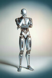 Android robot, pose 15. Robot stands upright, having closed its face with a hand