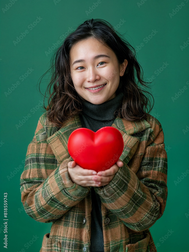 A young romantic asian woman holds a red heart in her hands. Symbol of love and friendship on green background. A young romantic asian woman holds a red heart in her hands. Symbol of love and friendship on green background.