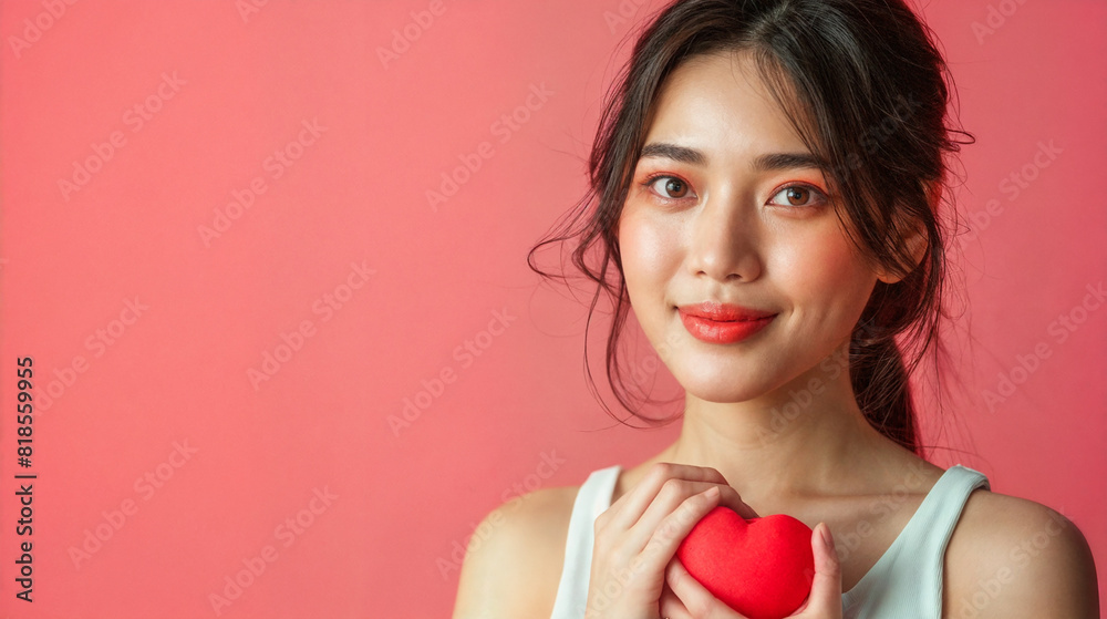 A young romantic woman holds a red heart in her hands. Symbol of love and friendship on pink background. A young romantic woman holds a red heart in her hands. Symbol of love and friendship on pink background.