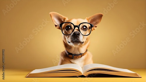 A studio photo of a surprised dog with spectacles and an open book on a yellow background. AI-generated
