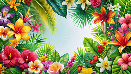 Exotic tropical flowers meticulously placed to form an intricate border, evoking a sense of paradise and relaxation.
