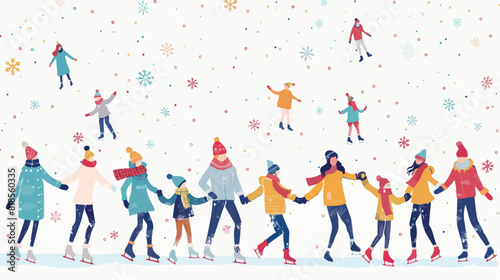 Crowd of active cartoon people ice skating on rink vector
