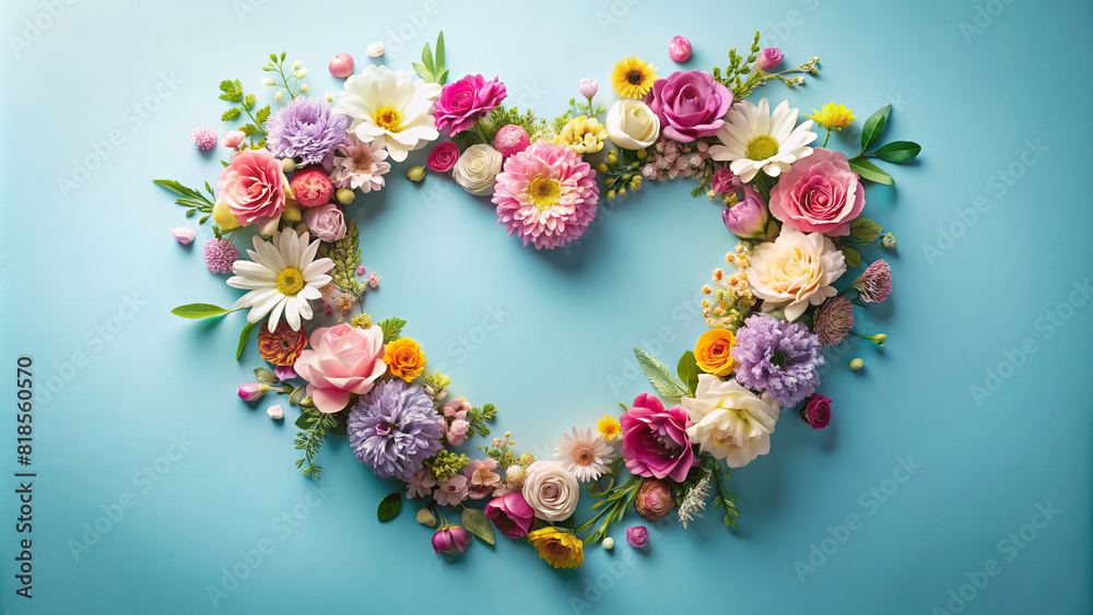 Assorted flowers arranged in a heart-shaped frame on a pastel blue background, with ample space for text in the middle