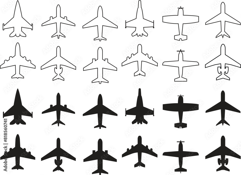 Set of Airplane icons. Airplane vectors designed in black flat style editable stock can used for web and mobile app. Flight ticket air fly travel takeoff silhouette elements on transparent background. Set of Airplane icons. Airplane vectors designed in black flat style editable stock can used for web and mobile app. Flight ticket air fly travel takeoff silhouette elements on transparent background.