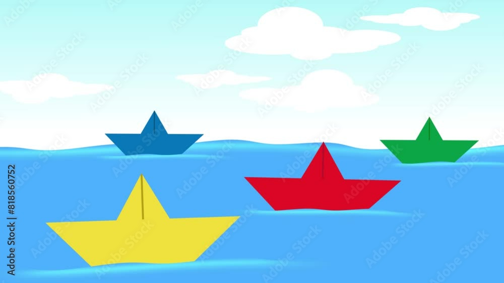 animation origami ship papper color sail in the sea