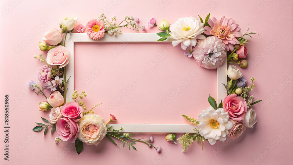 Pastel flowers elegantly laid out in a rectangular frame on a soft pink background, perfect for text overlay.