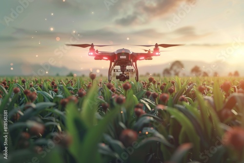 Futuristic farm landscape management using smart drone irrigation, agricultural water resistance and isometric vector analysis for modern farming and soil digital transformation