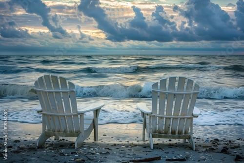 Two white wooden chairs on the beach  with ocean waves in front of them and cloudy sky above. The scene is captured at sunrise or sunset  creating an atmosphere of tranquility and relaxation. 