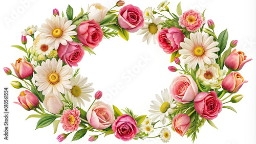 A beautifully crafted floral composition featuring roses  daisies  and tulips arranged in a circular frame  ideal for wedding invitations or romantic-themed projects.